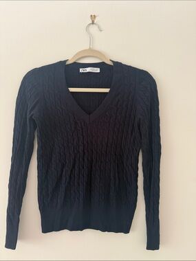 Zara Navy Blue Cable-Knit V-Neck Sweater